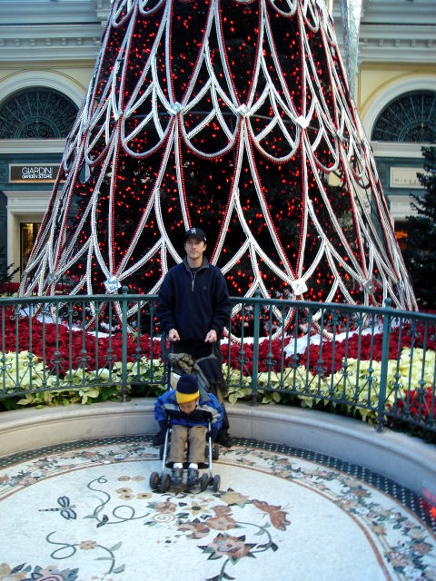 Greg and Joachim by a large Christmas tree, Las Vegas, Nevada, 2009