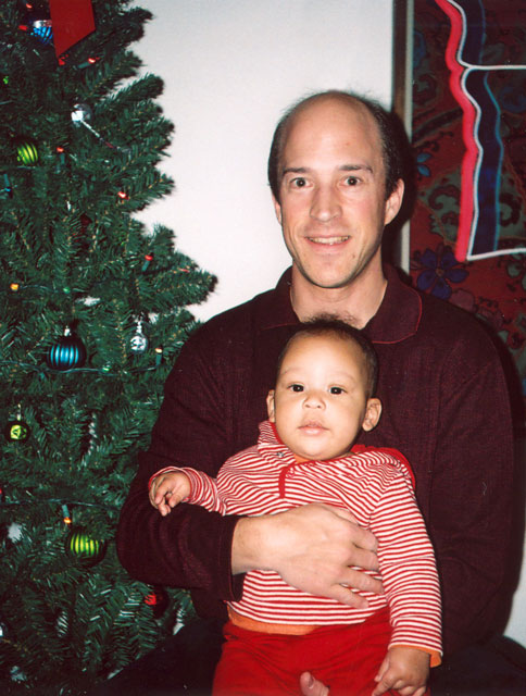 Greg and Joachim at the Christmas tree, Fort Collins, Colorado, 2005