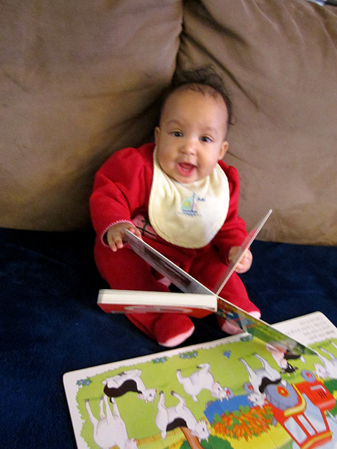 Irene reading a book at 6.5 months, Fort Collins, Colorado, 2014