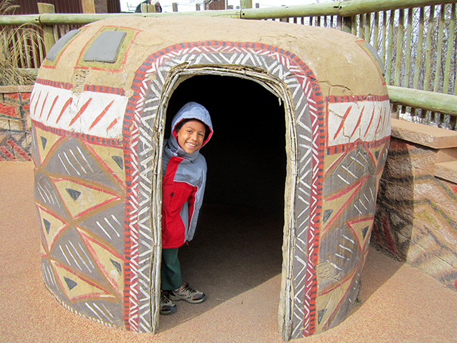 Joachim in an African hut at the Cheyenne Mountain Zoo, Colorado Springs, Colorado, 2014