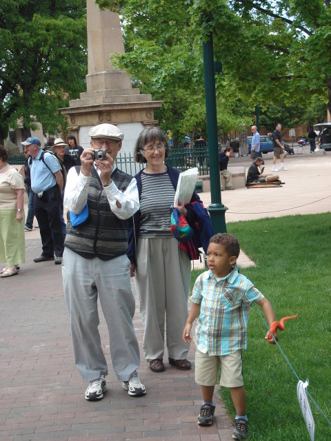Joachim and grandparents by a monument, Santa Fe, New Mexico, 2009