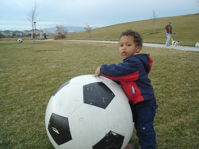 Joachim with giant soccer ball, Fort Collins, Colorado, 2007