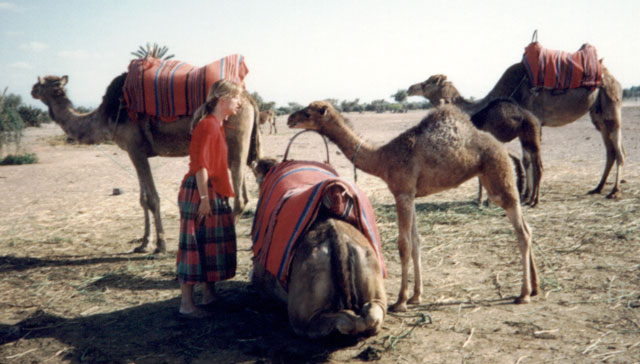 Mary with camels, Marrakech, Morocco, 1992